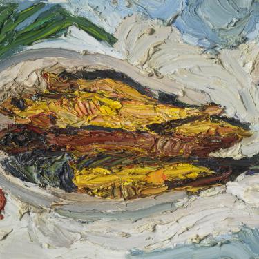 Trois poissons sur une assiette, mai 1979, huile sur toile, 38x55cm, daté sur le chassis