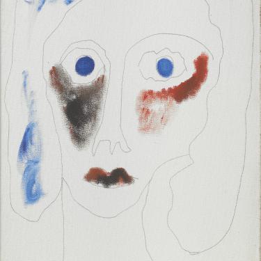 Autoportrait, vers 1995, huile et crayon sur toile, 55x38cm, inscription «CR et JO, J Oyex» en bas à droite